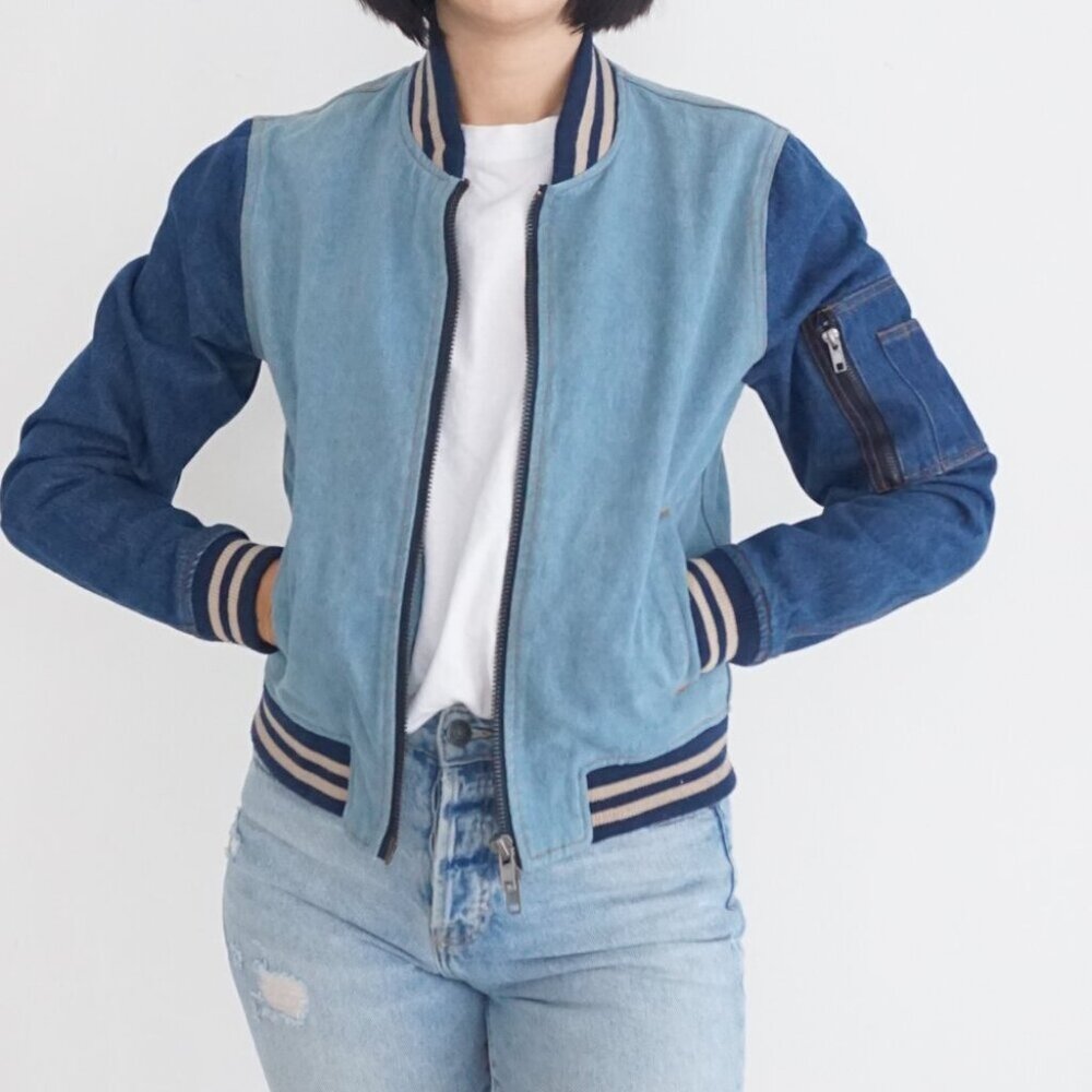 Slate & Stone Two-Tone Light and Dark Blue Denim Bomber Jacket
